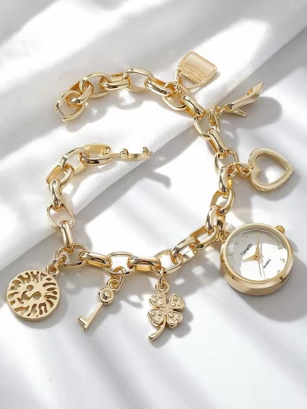 Delicate Gold Charm Bracelet Watch with Heart & Clover Charms